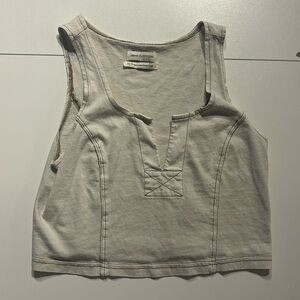 UO Cropped Cream Tank Top with Brown Stitching